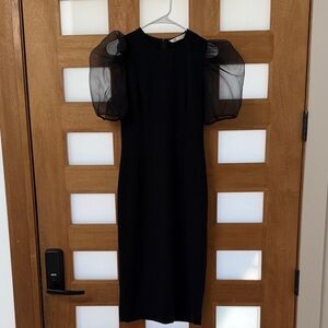 Zara Black Midi Dress with Sheer Puff Sleeves
